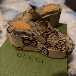 Gucci Women's Brown Monogram Platform Slides